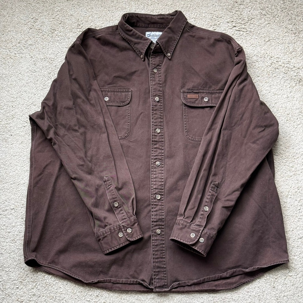Carhartt Mens 2XL Brown Cotton Twill Long Sleeve Button Down Work Shirt S09DKB